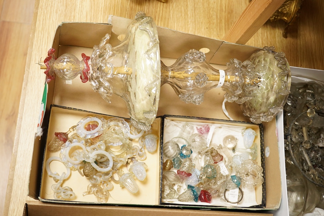 Various component parts of coloured Venetian floral chandeliers, glass central column 43cm high